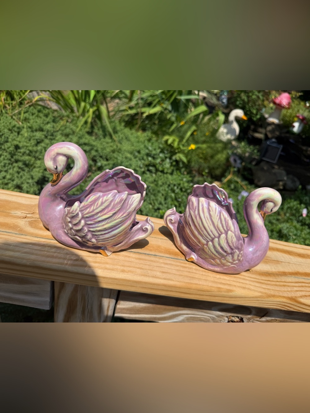 Iridescent purple Ceramic Swan Dishes MCM vintage Madeline pottery ceramic set